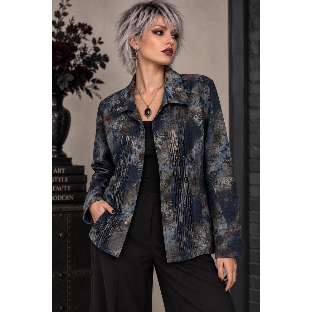Coldwater Creek Paisley Jacket Navy Blue Brown Snap Front Pintuck